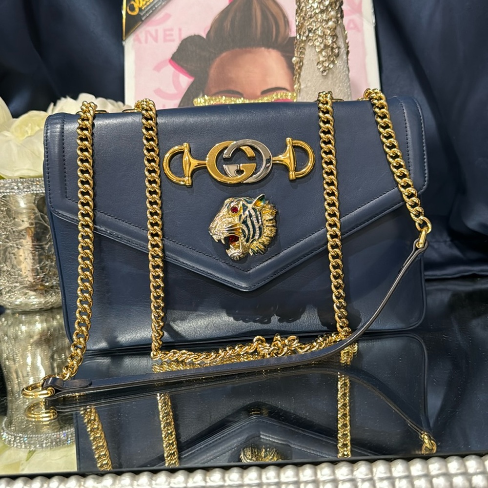 ✨Gucci Rajah Chain Shoulder Bag Leather Medium Blue Handbag Bag - Picture 3 of 16